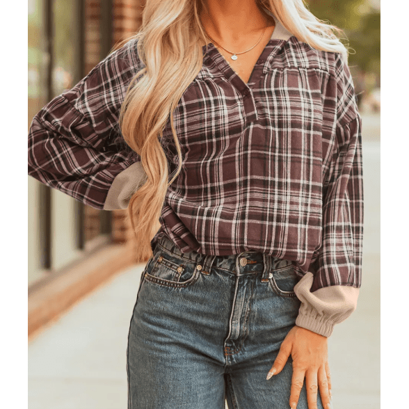 Rayn Brown Plaid Patchwork Long Sleeve Button Hooded Shirt
