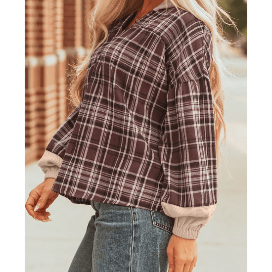 Rayn Brown Plaid Patchwork Long Sleeve Button Hooded Shirt