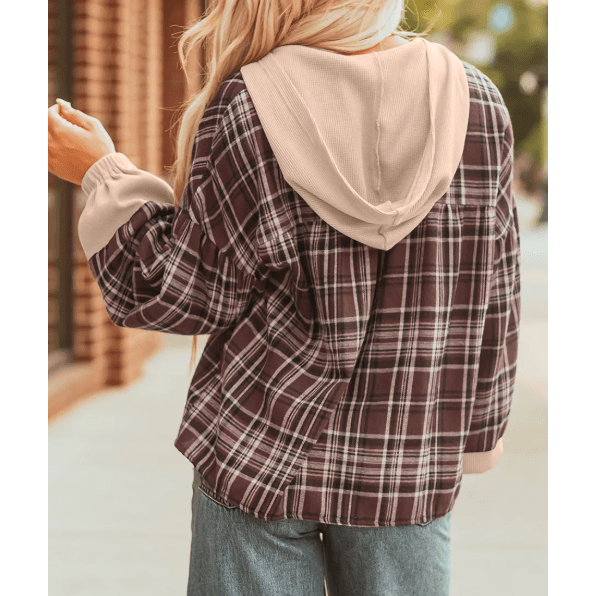 Rayn Brown Plaid Patchwork Long Sleeve Button Hooded Shirt