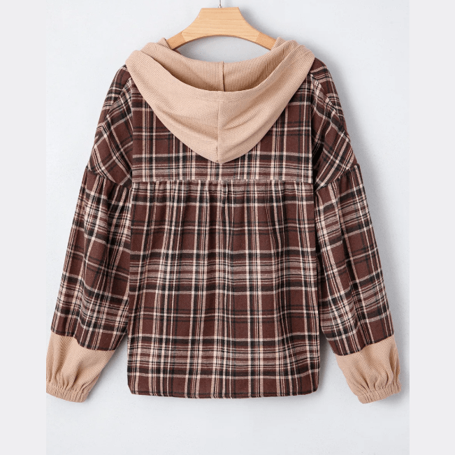 Rayn Brown Plaid Patchwork Long Sleeve Button Hooded Shirt