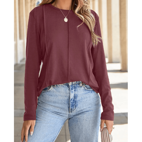 Farzana Red Dahlia Exposed Seam Crew Neck Long Sleeve Top