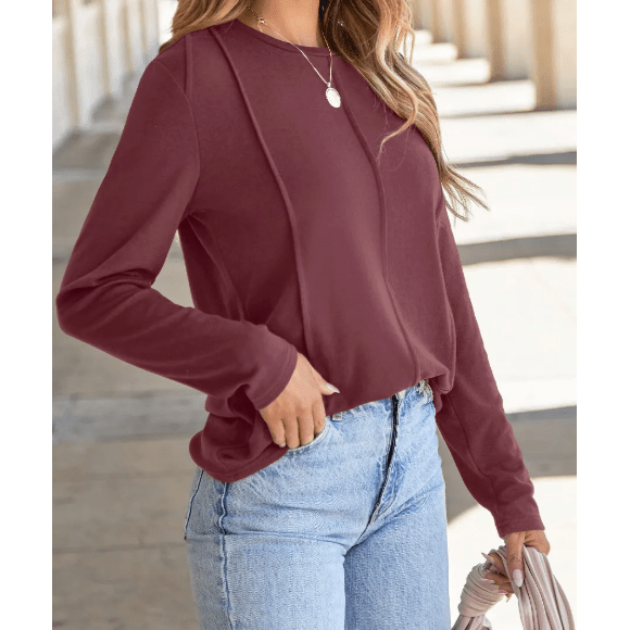 Farzana Red Dahlia Exposed Seam Crew Neck Long Sleeve Top