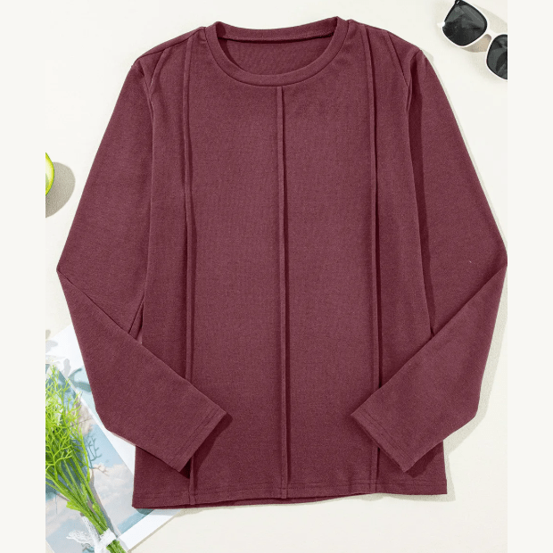 Farzana Red Dahlia Exposed Seam Crew Neck Long Sleeve Top