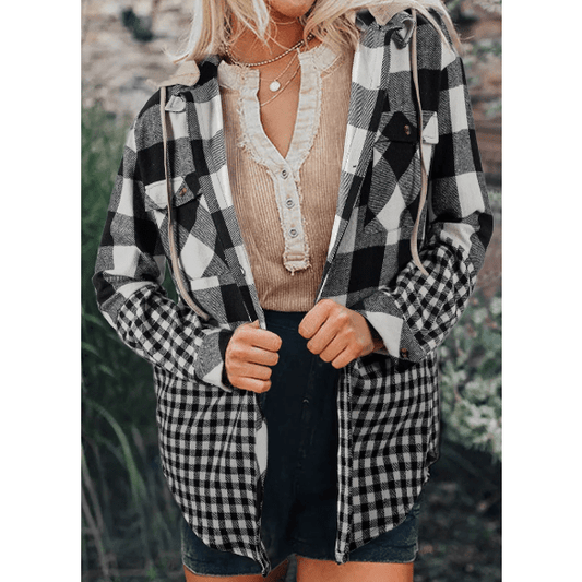 Leila Black Double Plaid Patchwork Drawstring Hooded Shacket