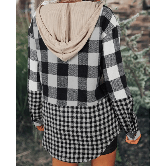 Leila Black Double Plaid Patchwork Drawstring Hooded Shacket