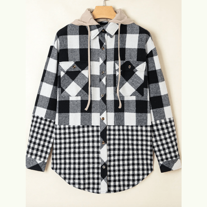 Leila Black Double Plaid Patchwork Drawstring Hooded Shacket