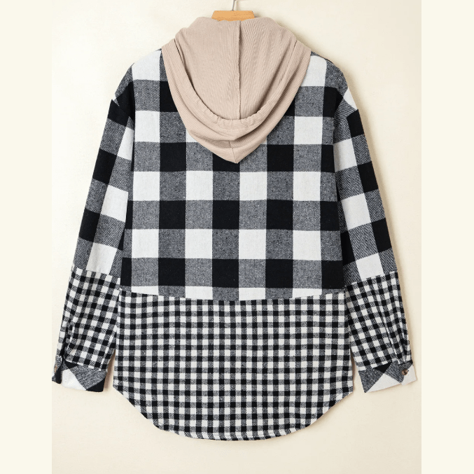 Leila Black Double Plaid Patchwork Drawstring Hooded Shacket