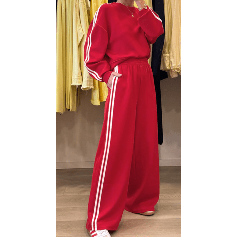 Red Varsity Striped Detail Crewneck Pullover Elastic Sweatpants 2pcs Outfit