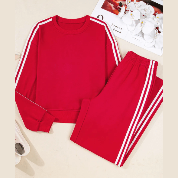 Red Varsity Striped Detail Crewneck Pullover Elastic Sweatpants 2pcs Outfit
