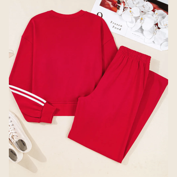 Red Varsity Striped Detail Crewneck Pullover Elastic Sweatpants 2pcs Outfit