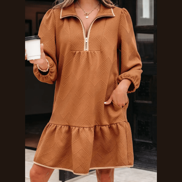 Ophelia Desert Gold Quarter Zip Collar Bracelet Sleeve Textured Mini Dress