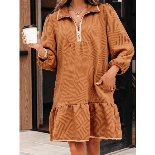 Ophelia Desert Gold Quarter Zip Collar Bracelet Sleeve Textured Mini Dress