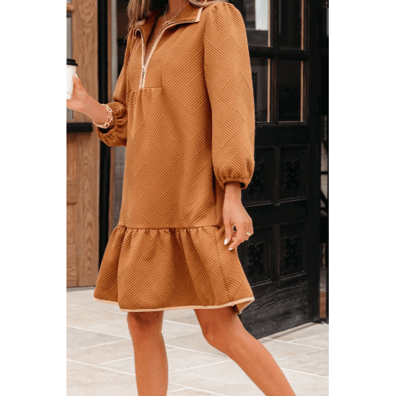Ophelia Desert Gold Quarter Zip Collar Bracelet Sleeve Textured Mini Dress
