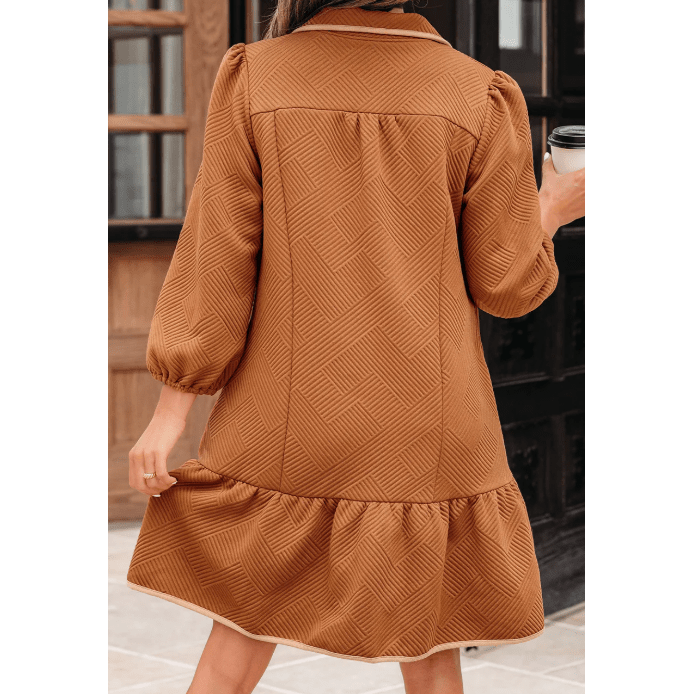 Ophelia Desert Gold Quarter Zip Collar Bracelet Sleeve Textured Mini Dress