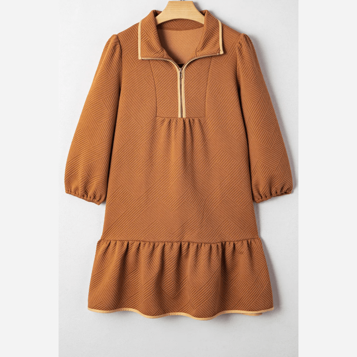 Ophelia Desert Gold Quarter Zip Collar Bracelet Sleeve Textured Mini Dress