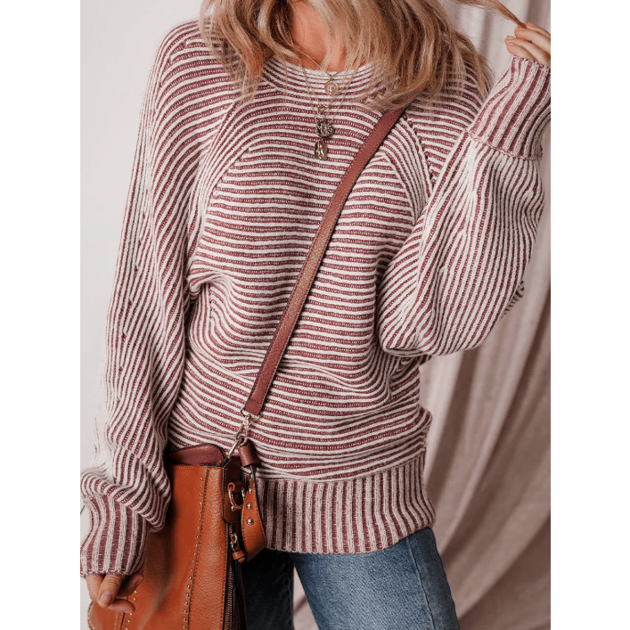 Cari Red Striped Print Ribbed Knit Boat Neck Baggy Sweater