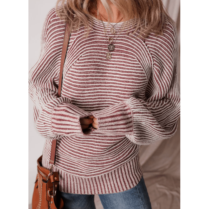 Cari Red Striped Print Ribbed Knit Boat Neck Baggy Sweater