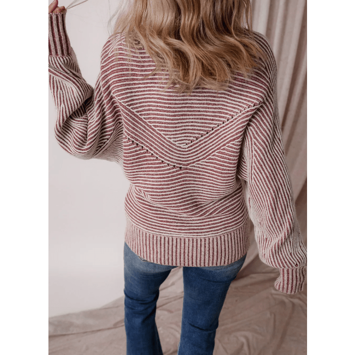 Cari Red Striped Print Ribbed Knit Boat Neck Baggy Sweater