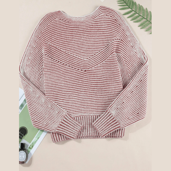 Cari Red Striped Print Ribbed Knit Boat Neck Baggy Sweater