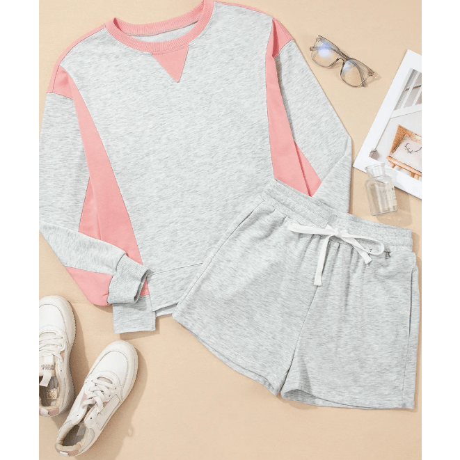 Cari Light Grey Color Block Raw Hem Pullover and Casual Shorts Set