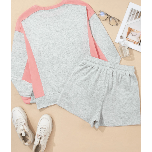 Cari Light Grey Color Block Raw Hem Pullover and Casual Shorts Set