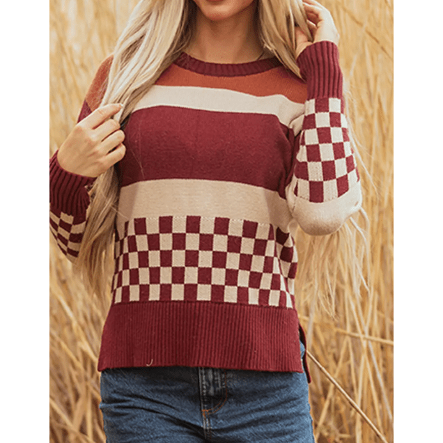 Alina Brown Checkered Color Block Knitted Drop Shoulder Sweater