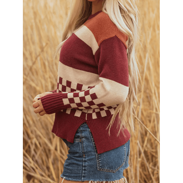 Alina Brown Checkered Color Block Knitted Drop Shoulder Sweater