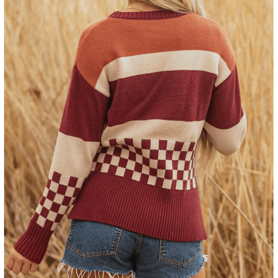 Alina Brown Checkered Color Block Knitted Drop Shoulder Sweater