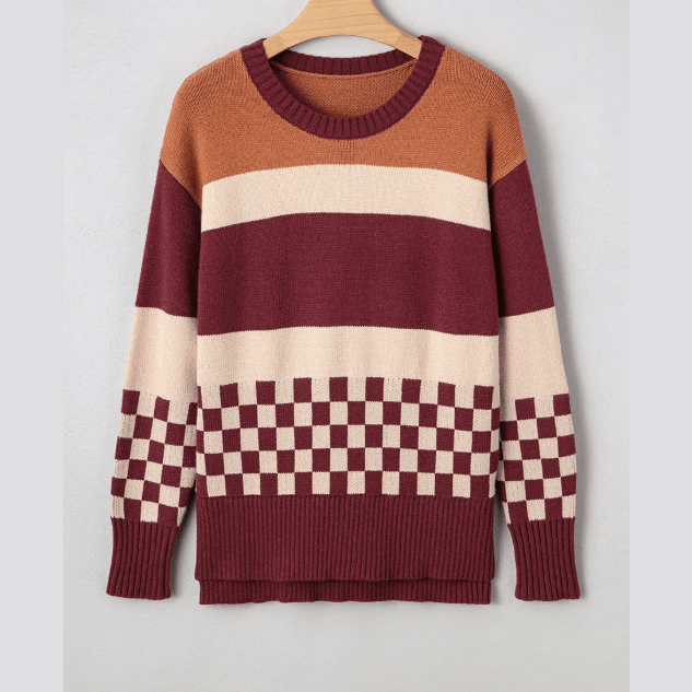 Alina Brown Checkered Color Block Knitted Drop Shoulder Sweater