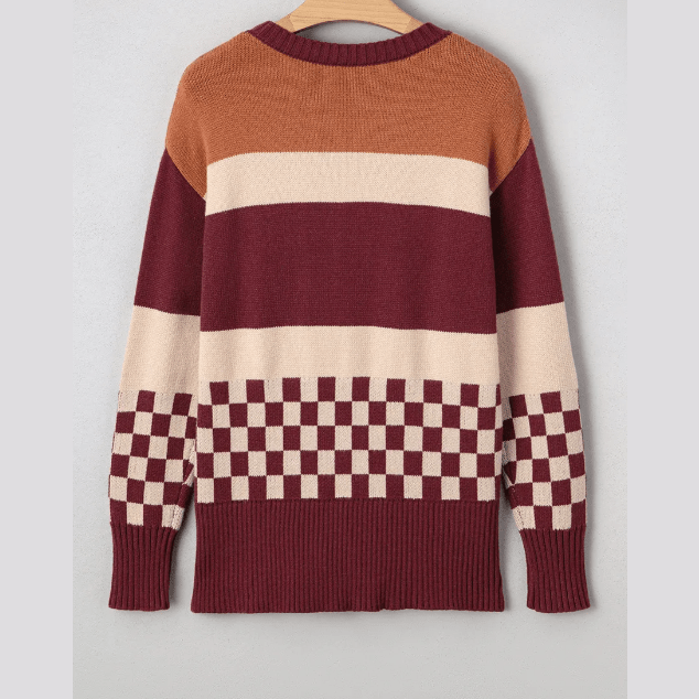 Alina Brown Checkered Color Block Knitted Drop Shoulder Sweater