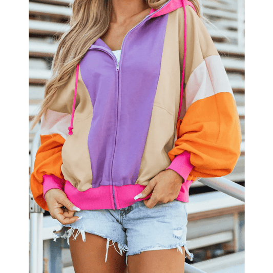 Liezel Grapefruit Orange Oversized Colorblock Patchwork Full Zipped Hoodie