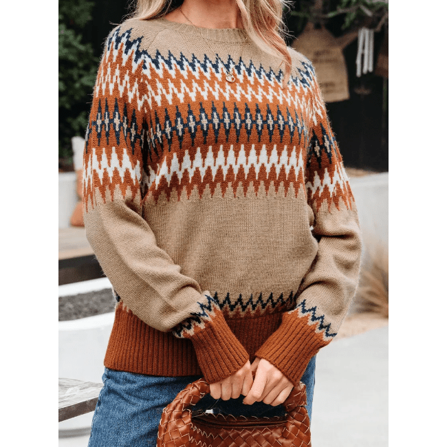 Fernleigh Khaki Aztec Print Colorblock Crew Neck Sweater