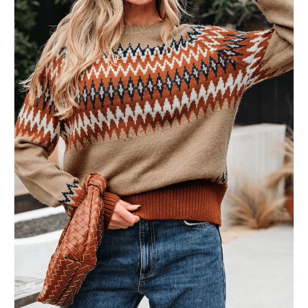 Fernleigh Khaki Aztec Print Colorblock Crew Neck Sweater
