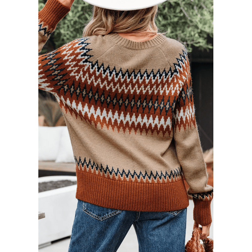 Fernleigh Khaki Aztec Print Colorblock Crew Neck Sweater