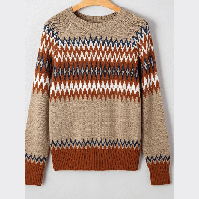 Fernleigh Khaki Aztec Print Colorblock Crew Neck Sweater