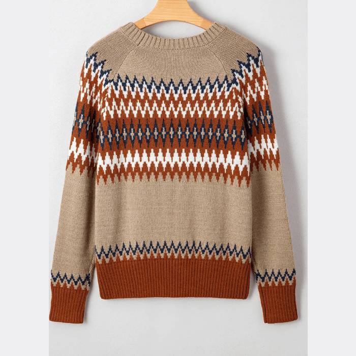 Fernleigh Khaki Aztec Print Colorblock Crew Neck Sweater