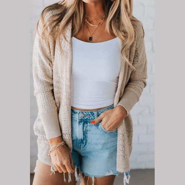 Briella Khaki Mix Pattern Hollowed Knit Open Front Cardigan