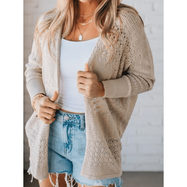 Briella Khaki Mix Pattern Hollowed Knit Open Front Cardigan