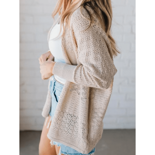 Briella Khaki Mix Pattern Hollowed Knit Open Front Cardigan