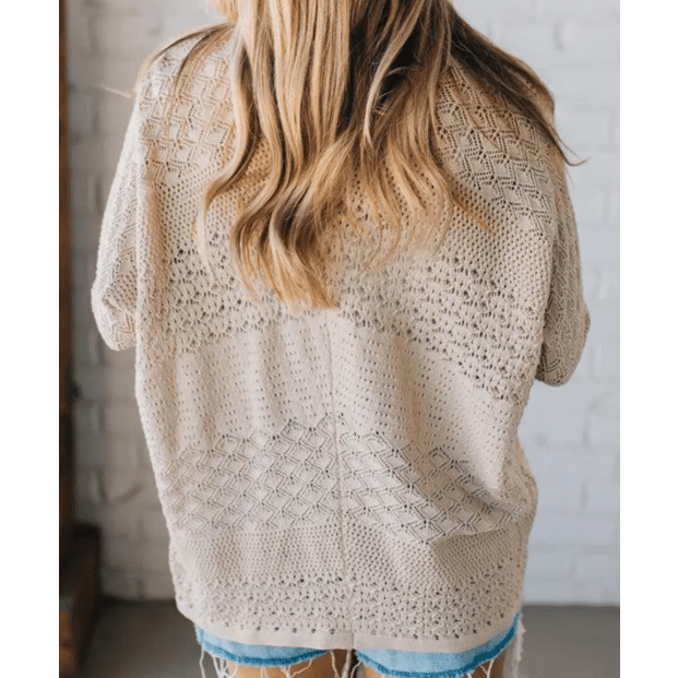 Briella Khaki Mix Pattern Hollowed Knit Open Front Cardigan
