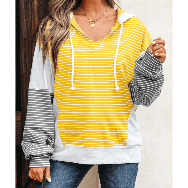 Catherine Yellow Stripe Color Block Drawstring V Neck Loose Fit Hooded Top
