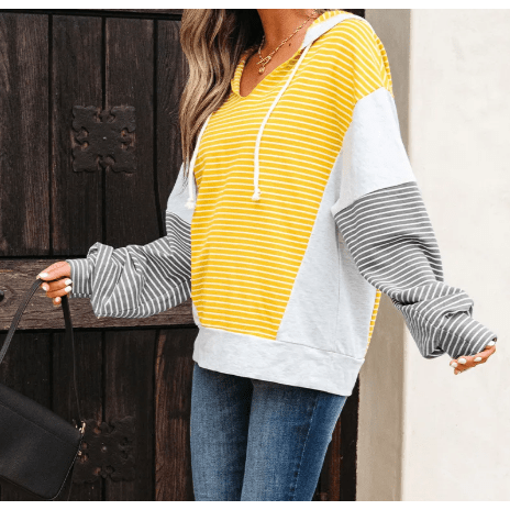 Catherine Yellow Stripe Color Block Drawstring V Neck Loose Fit Hooded Top