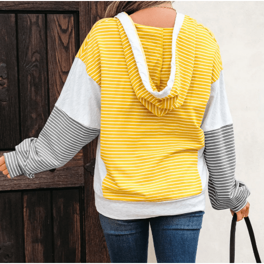 Catherine Yellow Stripe Color Block Drawstring V Neck Loose Fit Hooded Top
