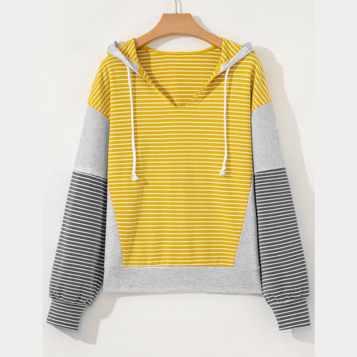 Catherine Yellow Stripe Color Block Drawstring V Neck Loose Fit Hooded Top