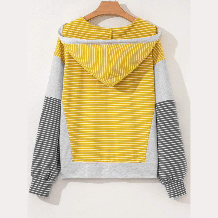 Catherine Yellow Stripe Color Block Drawstring V Neck Loose Fit Hooded Top