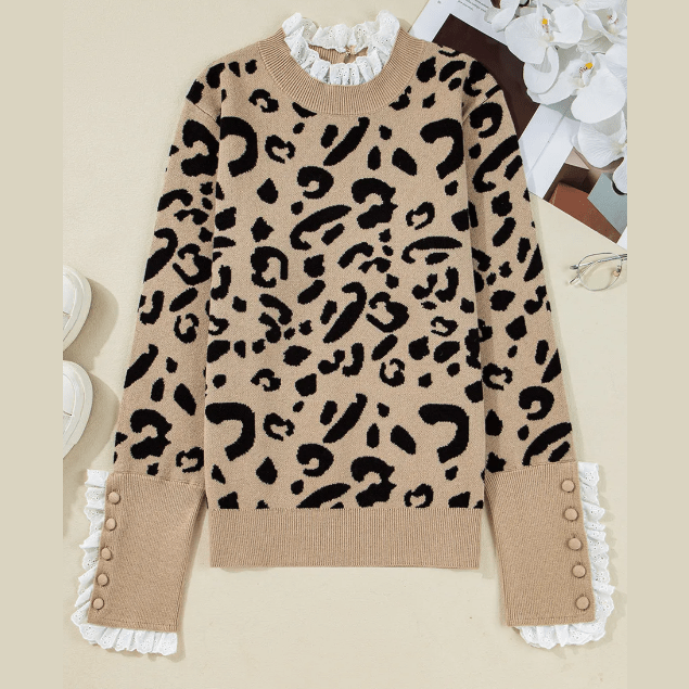 Sariah Brown Leopard Pattern Lace Ribbed Detail Button Cuffed Sweater