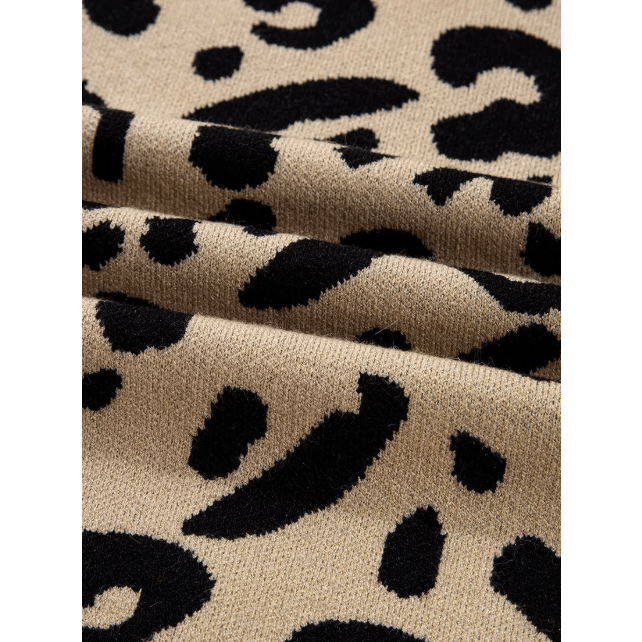 Sariah Brown Leopard Pattern Lace Ribbed Detail Button Cuffed Sweater