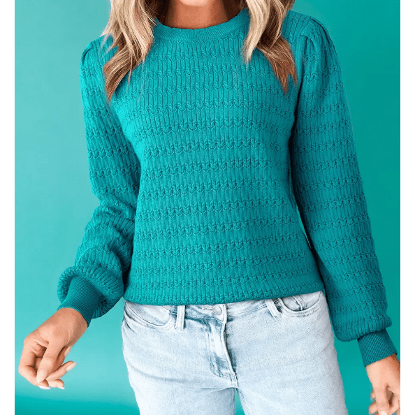 Aurelia Sea Green Pattern Knit Ribbed Cuffs Crew Neck Sweater