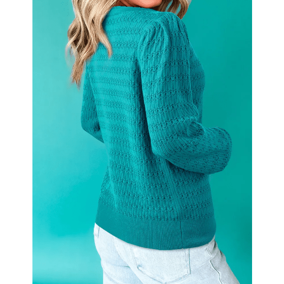 Aurelia Sea Green Pattern Knit Ribbed Cuffs Crew Neck Sweater