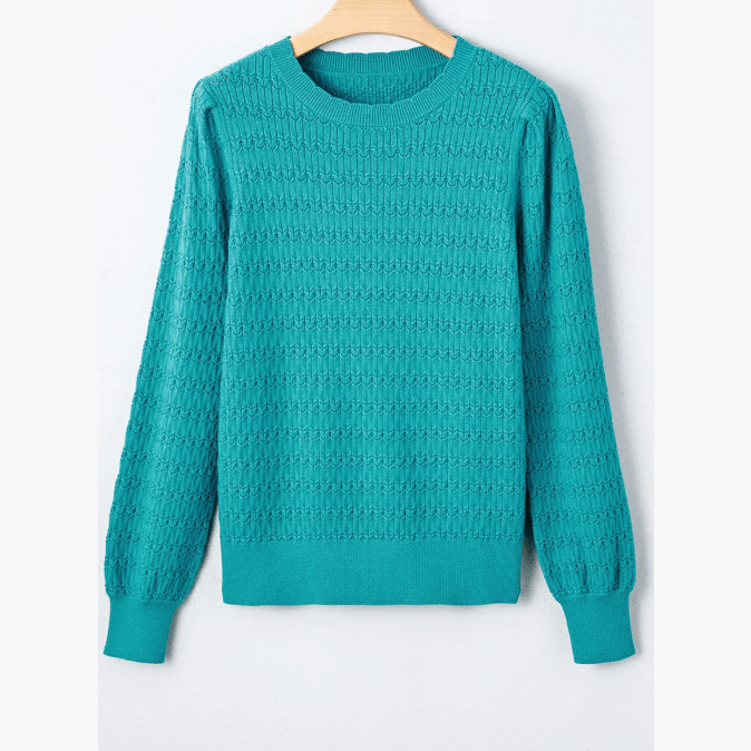 Aurelia Sea Green Pattern Knit Ribbed Cuffs Crew Neck Sweater